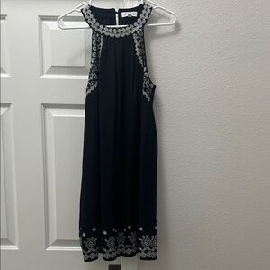 Chic Black Midi Dress with White Embroidery